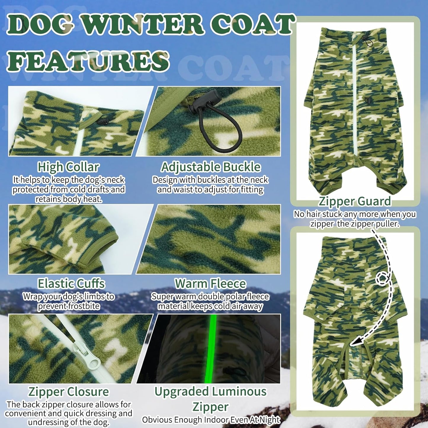 ROZKITCH Dog Jackets for Large Dogs Camo with Long Sleeve, Pet Windproof Warm Cold Weather Jacket Vest with Luminous Zipper, Jumpsuit Apparel Outfit Clothes for Small Medium Large Dog Camo XS