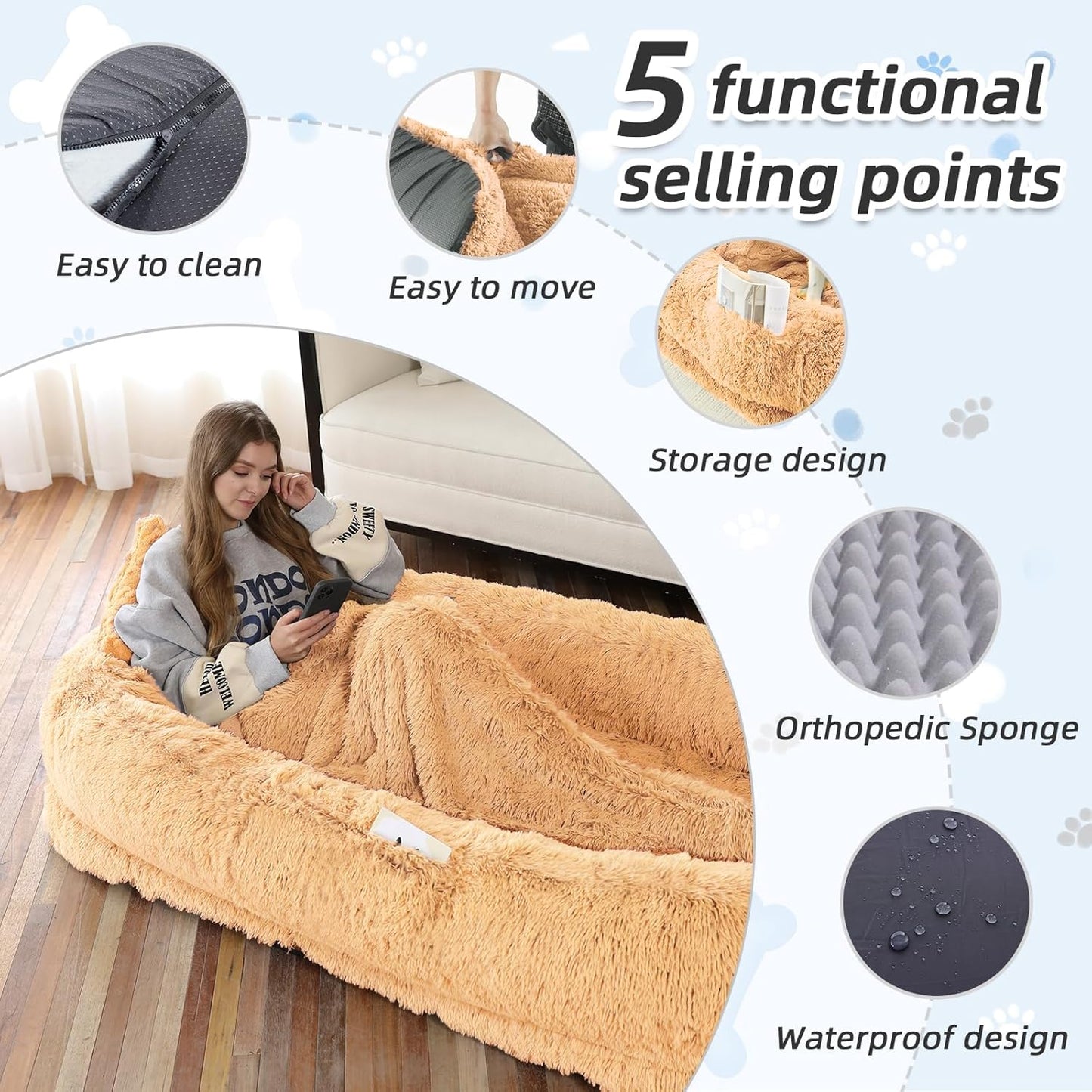 Human Dog Bed, 71''x45''x12'' Size Fits You and Pets, Washable Faux Fur Pet Bed for People Doze Off, Napping Orthopedic Dog Bed, Present Plump Pillow, Blanket, Strap - Pumpkin