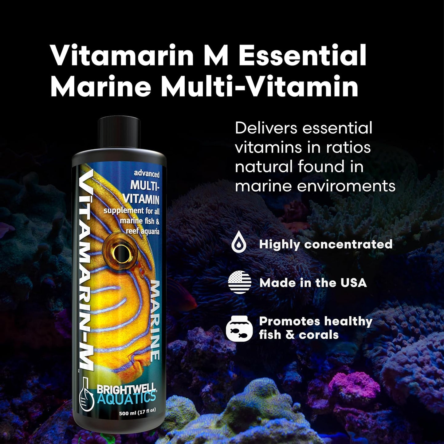 Brightwell Aquatics Vitamarin-M – Complete Vitamin Supplement for Marine Fish, Corals & Invertebrates – Supports Growth, Color & Immune Health – No Refrigeration, 250 ml