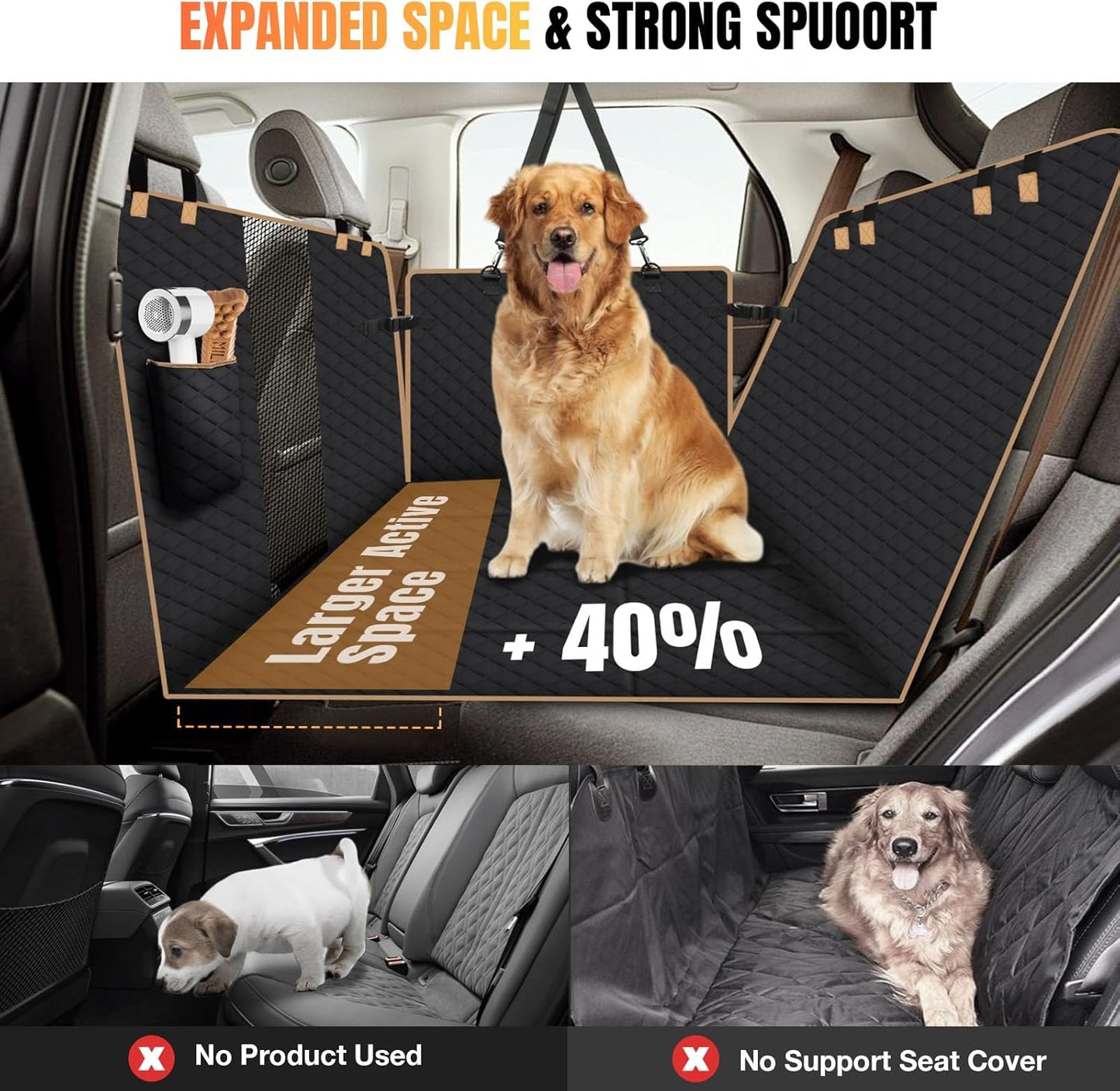Dog Car Seat Cover for Back Seat, Dog Car Bed Cover with Strong Hard Bottom 4 Panels, Car Back Seat Extender Hammock for Car SUV Truck Black Color