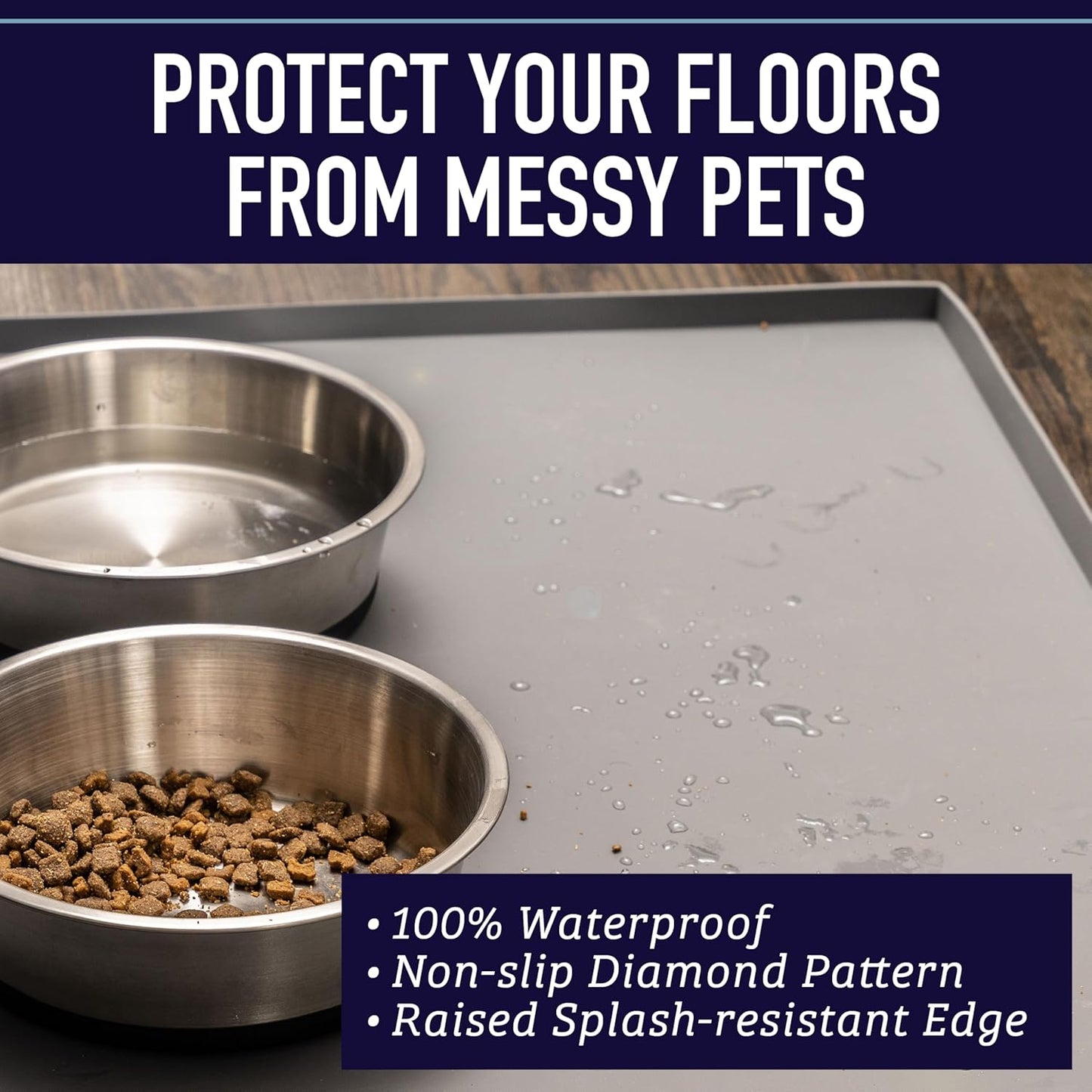 Leash Boss Dog Food Mat for Food and Water Bowls, Waterproof Silicone Pet Feeding Mat for Floors, Extra Tall Raised Edges, Cat and Dog Placemat for Floors, Dishwasher Safe (Medium: 20"x13" - Navy)