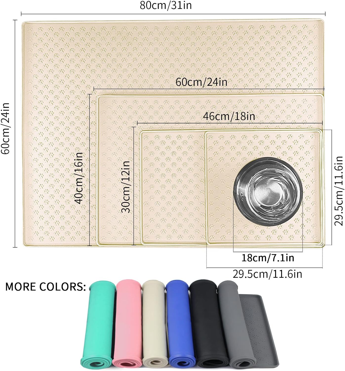 Ptlom Silicone Pet Placemat for Dog and Cat, Waterproof Non-Slip Pet Feeding Bowl Mats for Food and Water, Small Medium Large Tray Mat Prevent Residues from Spilling to Floor, Beige, 24.5" 16.5"