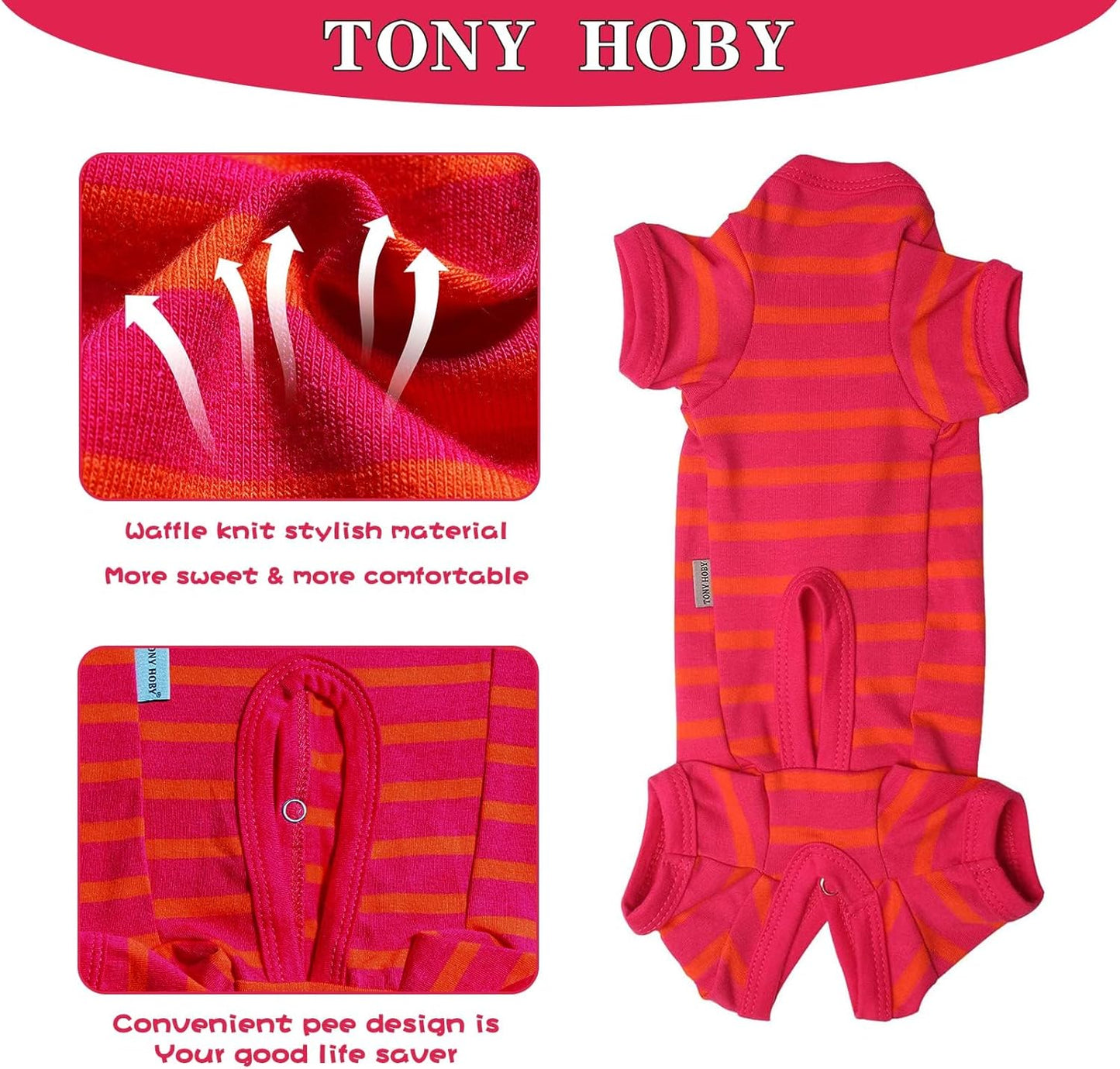 TONY HOBY Female/Male Dog Pajamas, Dog Jumpsuit 4 Legged Pajamas with Stripes, Soft Cotton for Comfortable Sleep (Rose Red&Orange, Boy, XL)
