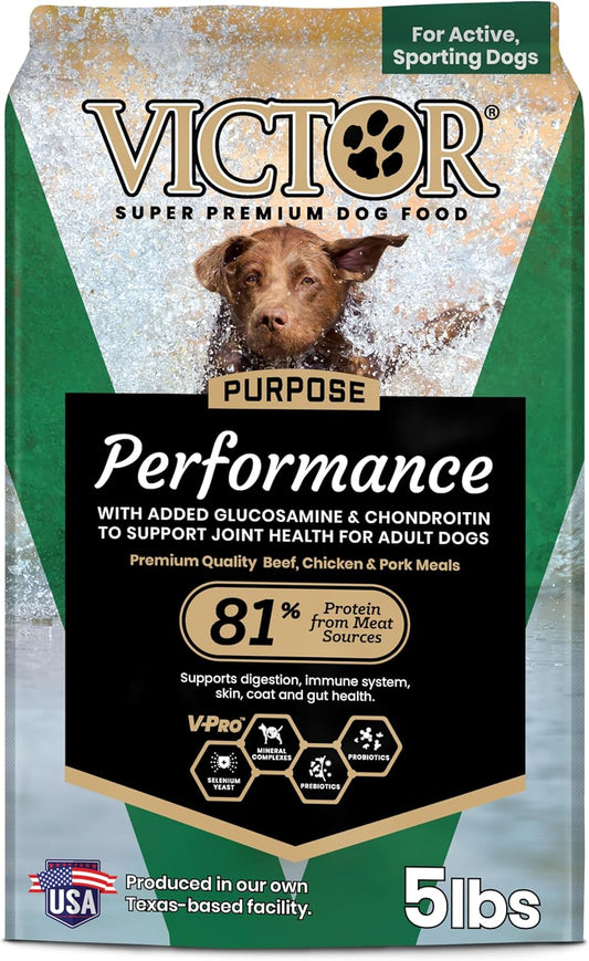 VICTOR Super Premium Dog Food – Performance Dry Dog Food from Beef, Chicken and Pork Meal – 26% Protein for Active Adult Dogs – Includes Glucosamine and Chondroitin for Hip and Joint Health, 5lbs