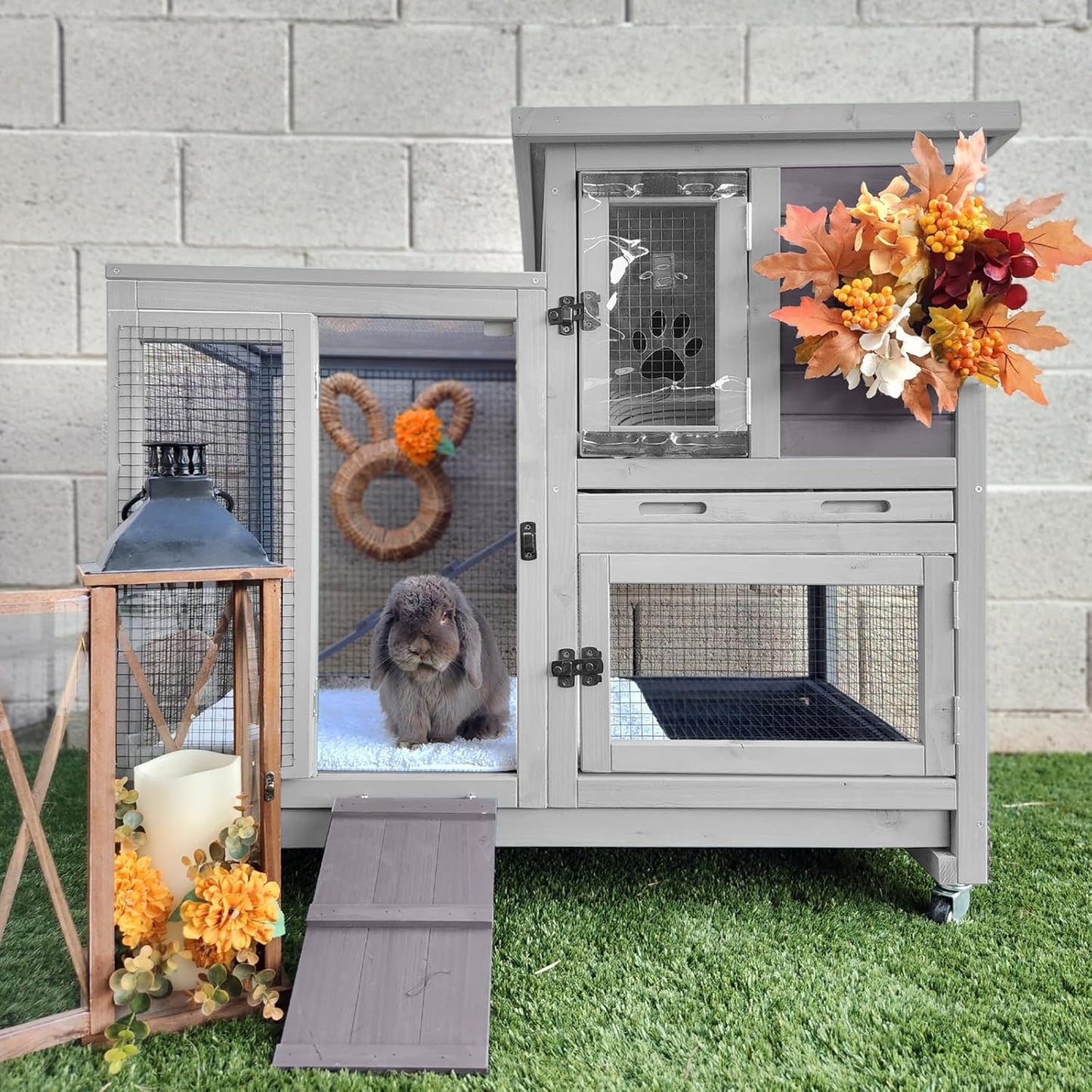 GUTINNEEN Two-Story Rabbit Hutch Large Bunny Cage with Wire Mesh Floor, Leak-Proof Trays, Lockable Wheels for Indoor and Outdoor Use, 40.6" L x 26" W x 37.6" H