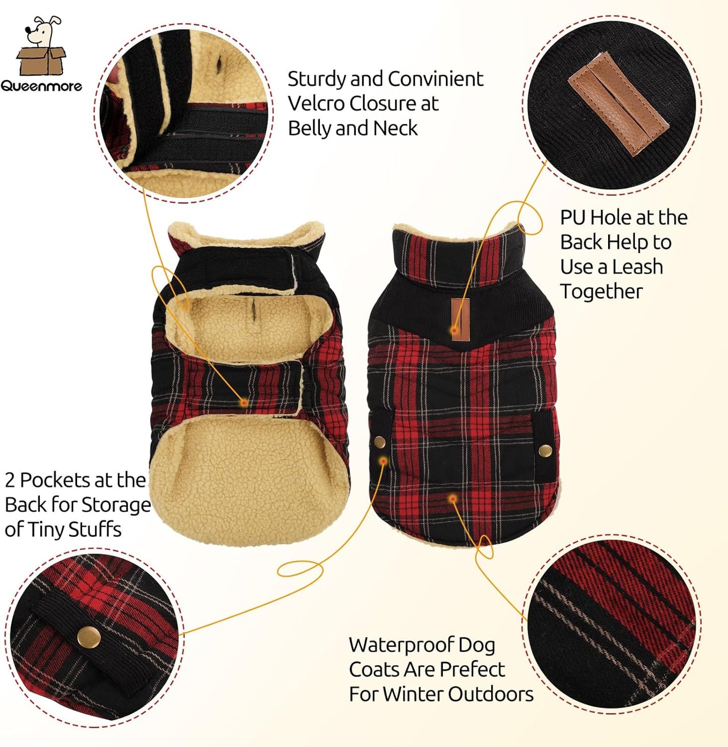 Queenmore Dog Winter Coat Warm Dog Jacket for Cold Weather, Quilting Puffer Plaid Coats for Small/Medium Dogs Waterproof,Girl/Boy Pet Christmas Coat,Pet Snowsuit with Leash Hole/Fleece Padding, XL