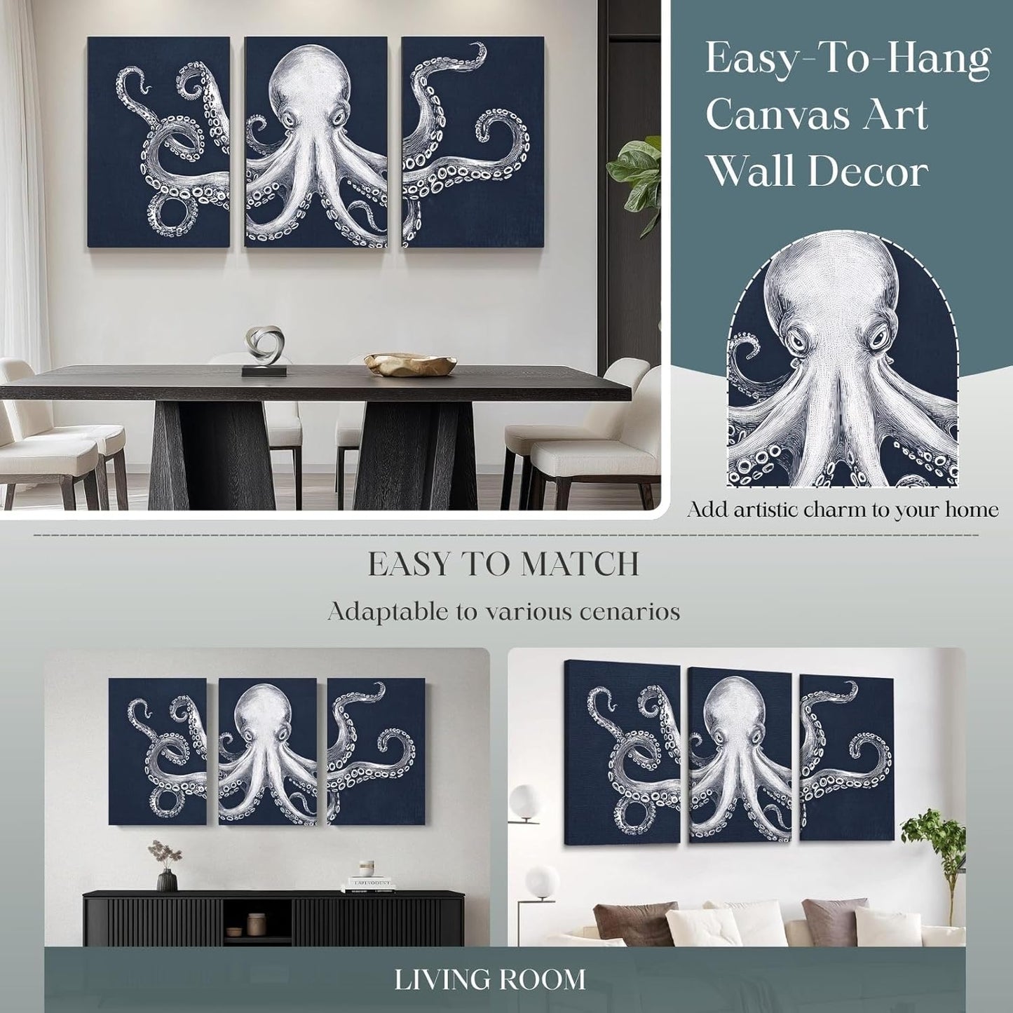 Octopus Wall Decor, Octopus Canvas Wall Art, Ocean Wall Decor,Sea Animal Canvas to Paint for Bathroom, Living Room, Bedroom (16" x 24" x 3 pcs)