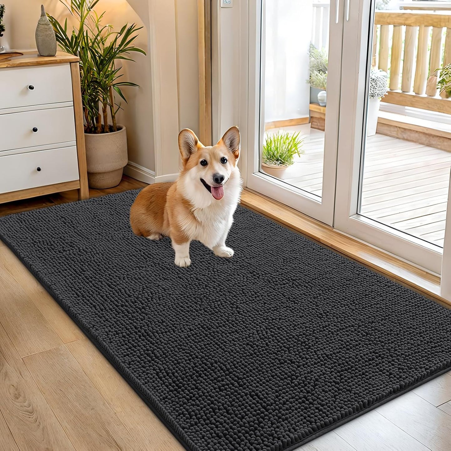 OLANLY Dog Door Mat for Muddy Paws 54x32, Absorbs Moisture and Dirt, Absorbent Non-Slip Washable Doormat, Quick Dry Chenille Mud Mat for Dogs, Entry Indoor Entryway Carpet for Inside Floor, Dark Grey