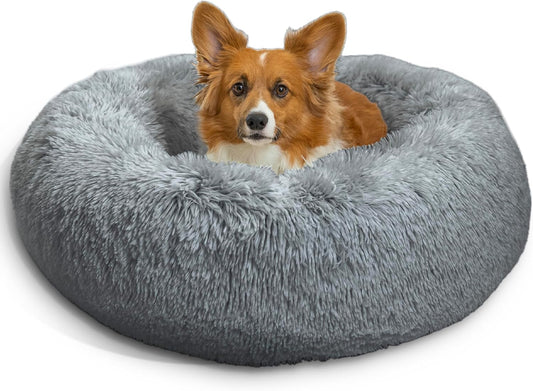 Best Friends by Sheri Original Calming Donut Dog and Cat Bed, Shag Faux Fur, Gray, (30in x 30in) - Anxiety Relief for Pets Up to 45 lbs