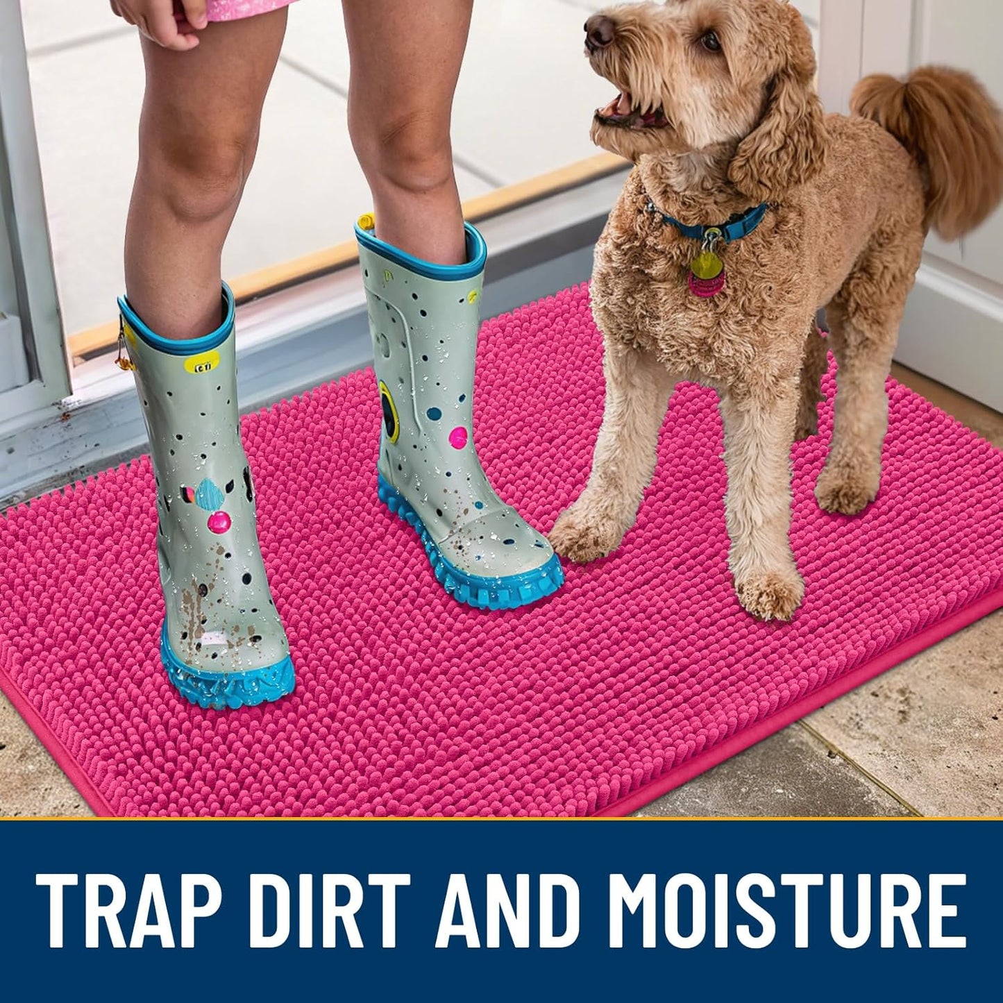 Smiry Dog Door Mat for Muddy Paws 48x30, Absorbs Moisture and Dirt Doormat, Non-Slip Washable Quick Dry Chenille Front Door Mat Indoor Entrance, Entryway Carpet for Inside Floor, Hot Pink
