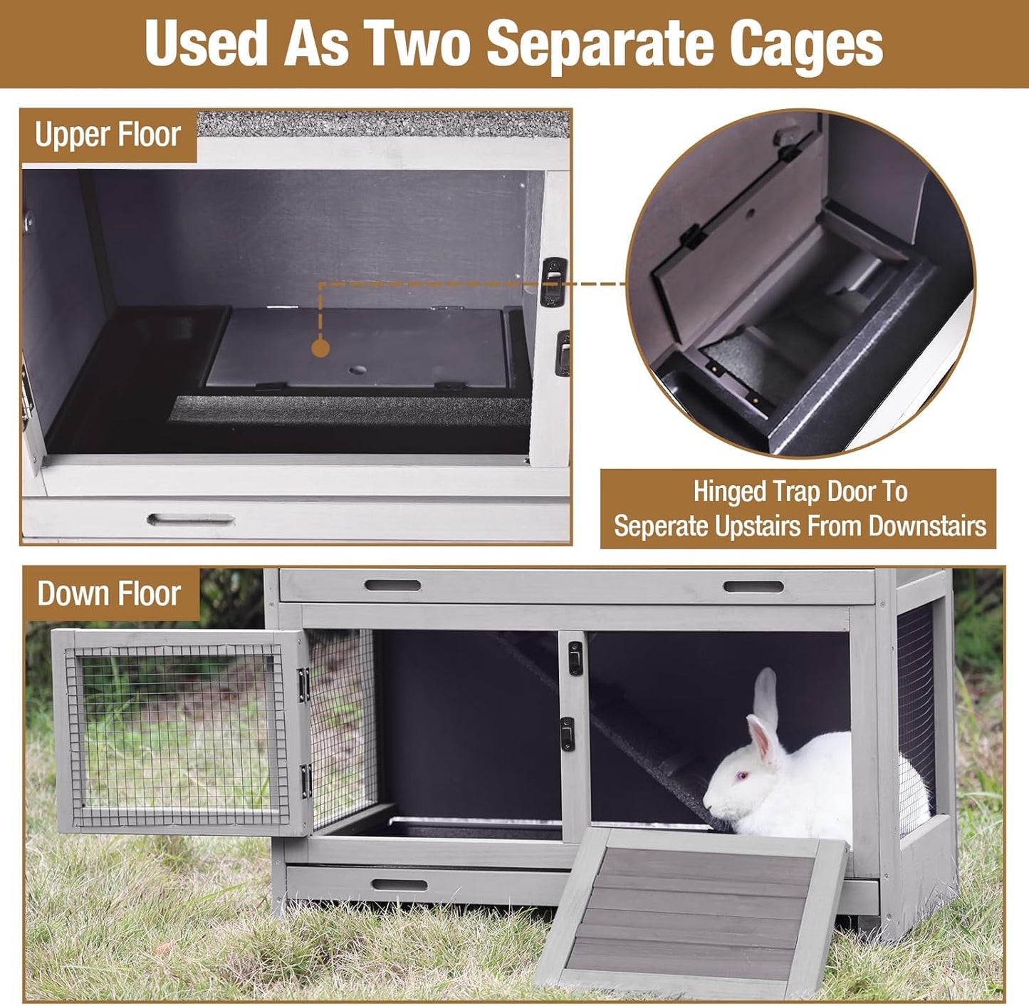 Rabbit Hutch Outdoor Indoor Bunny Cage 2 with Large Pull-Out Trays 2 Story Guinea Pig Cage on Wheels- Move Freely