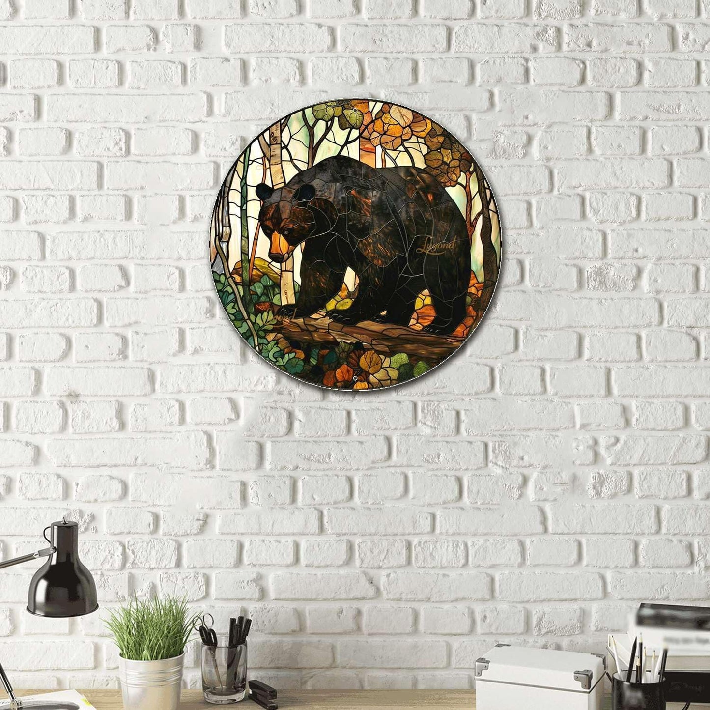 Lygond Metal Sign Tin Sign Circular Stained Glass American Black Bear Gardening Poster for Bar 8×8 Inches