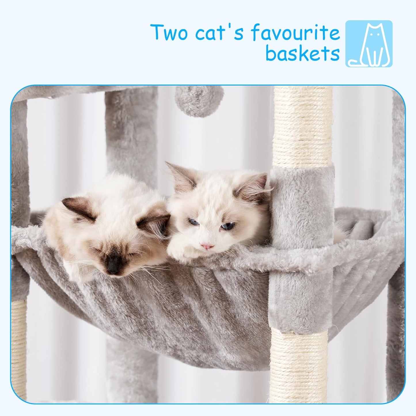 Hey-brother Cat Tree, 69.3-Inches Multi-Level Plush Cat Tower for Indoor Cats with Large Top Perch, Extra Spacious Hammock, 2 Hammocks Ramp, Hanging Ball, Light Gray MPJ037W