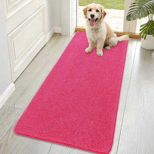 OLANLY Dog Door Mat for Muddy Paws 70x35, Absorbs Moisture and Dirt, Absorbent Non-Slip Washable Doormat, Quick Dry Chenille Mud Mat for Dogs, Entry Indoor Entryway Carpet for Inside Floor, Hot Pink