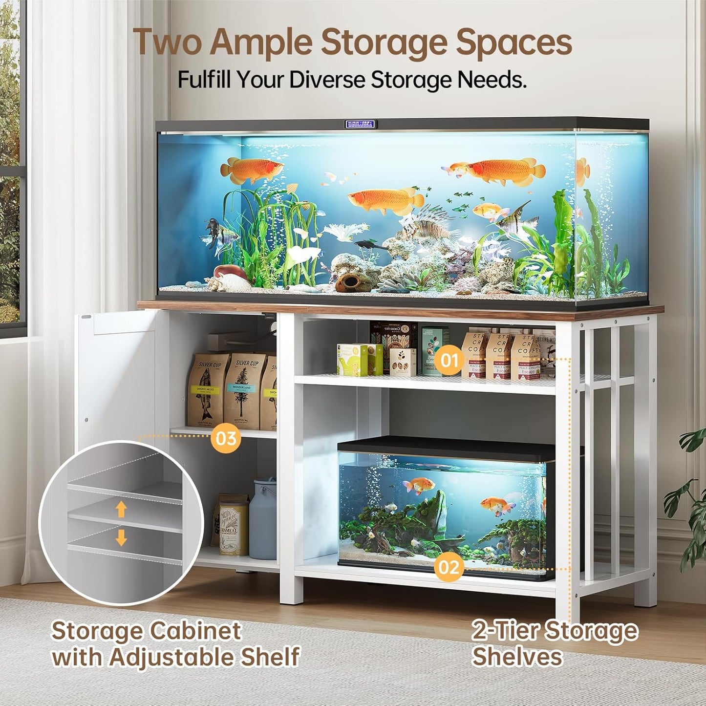 55-75 Gallon Fish Tank Stand with Power Outlet & Adjustable Shelf, Heavy Duty Aquarium Stand with Cabinet Storage for Fish Tank, Turtle Tank, Reptile Terrarium, 1000LBS Capacity, White