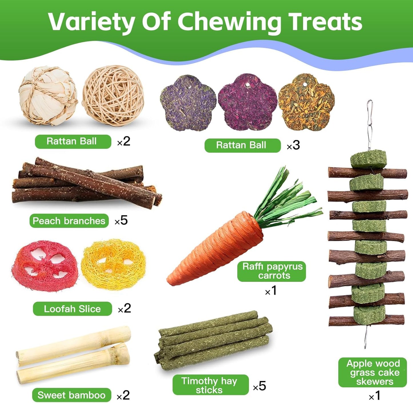 WDEFUN 21-Piece Natural Small Pet Chew Toys Set for Rabbits, Hamsters & Organic Grass Mat, Hay Sticks, Loofah Slices, Wooden Chews & More for Dental Health & Boredom Relief