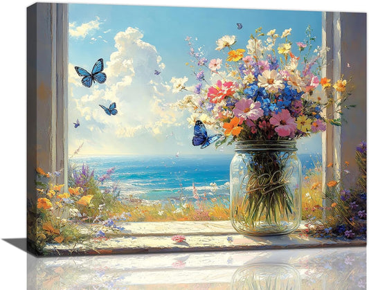 Beach Floral Bathroom Pictures Wall Art, Colorful Flower Bathroom Wall Decor, Coastal Ocean Framed Painting Canvas Artwork for Bedroom Living Room Decorations 20"L x 16"W