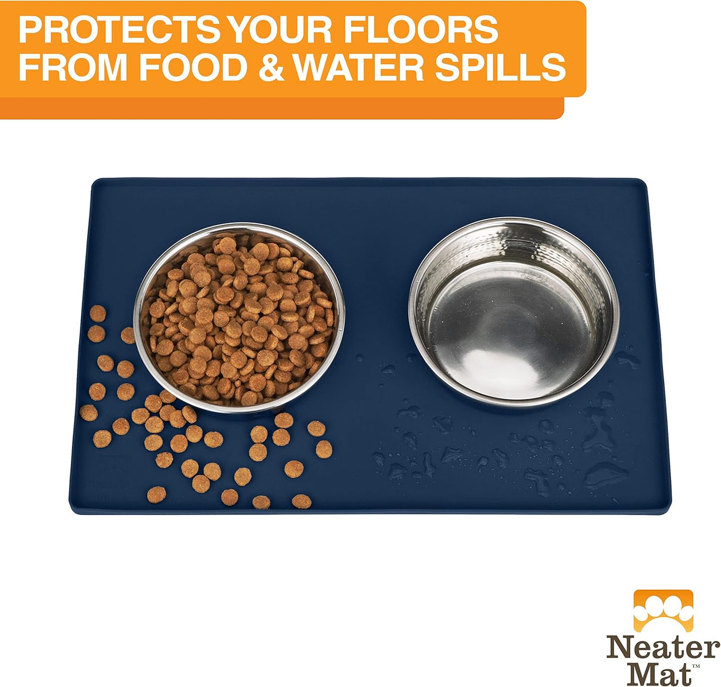 Neater Pet Brands Neater Mat Pet Mats for Food and Water, Cat & Dog Bowl Mat Waterproof Silicone, Feeding Tray, Dog Food Mats for Floors, Placemat w/Raised Edge for Under Bowls, 19” x 12”, Dark Blue