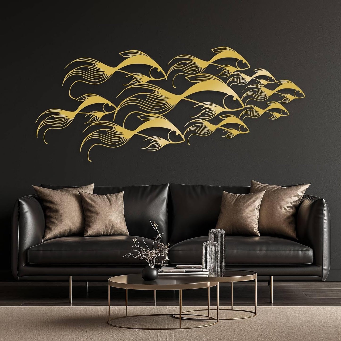 School of Fish Metal Wall Art, Metal Fish Wall Decor, Sea Life Wall Art, Large Nautical Wall Hanging, Modern Beach House Wall Decor, Ocean Themed Artwork for Bathroom (Black, 53"x22" | 135x57cm)