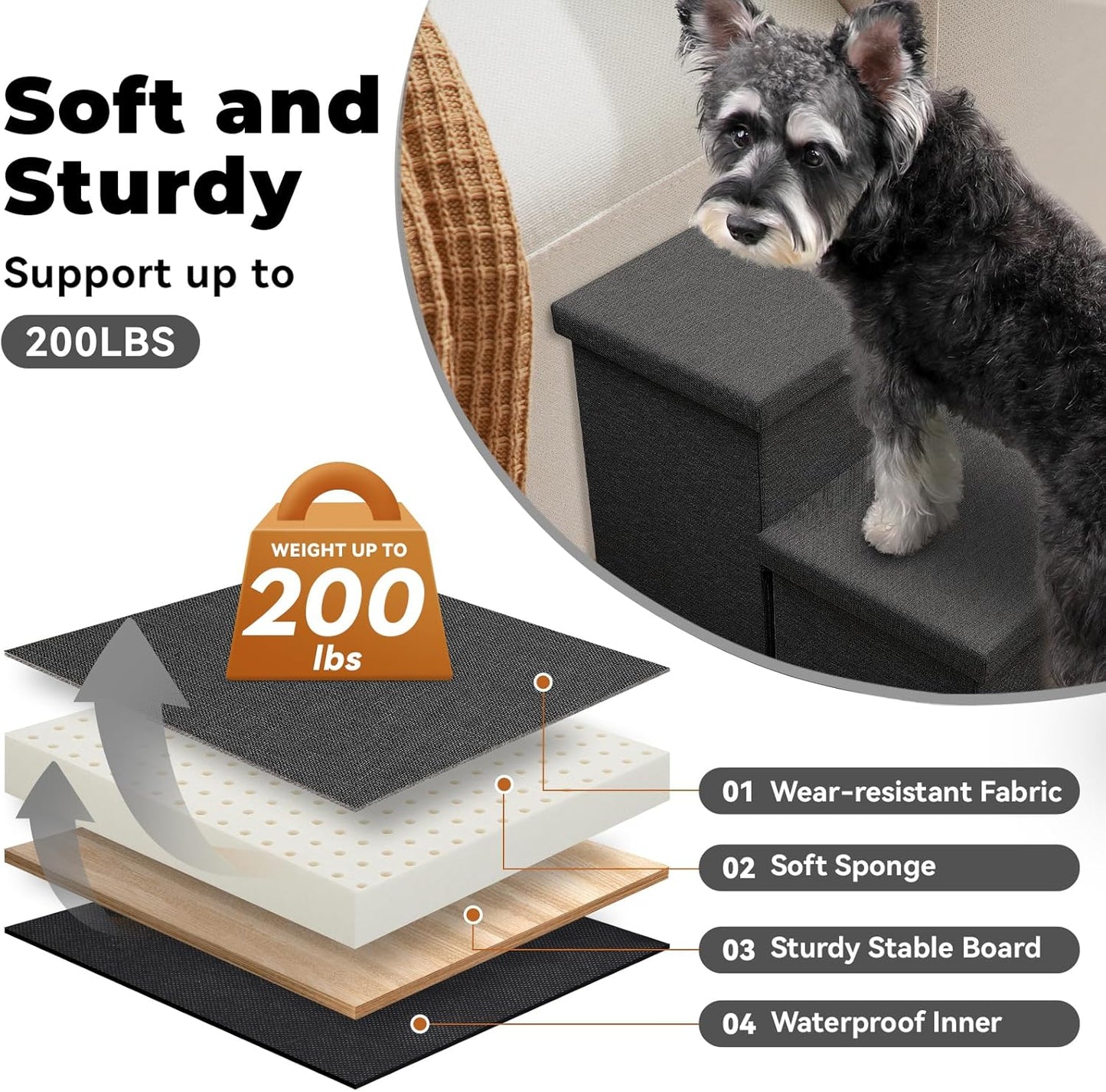 Dog Stairs with Storage 18" H, 3-Step Wider Dog Steps for Small/Medium/Large Old Dogs Cats, Folding Sturdy Pet Stairs Climbing Bed Couch, Ramp for Car Hold Up to 200 lbs (Dark Grey, No Condo)