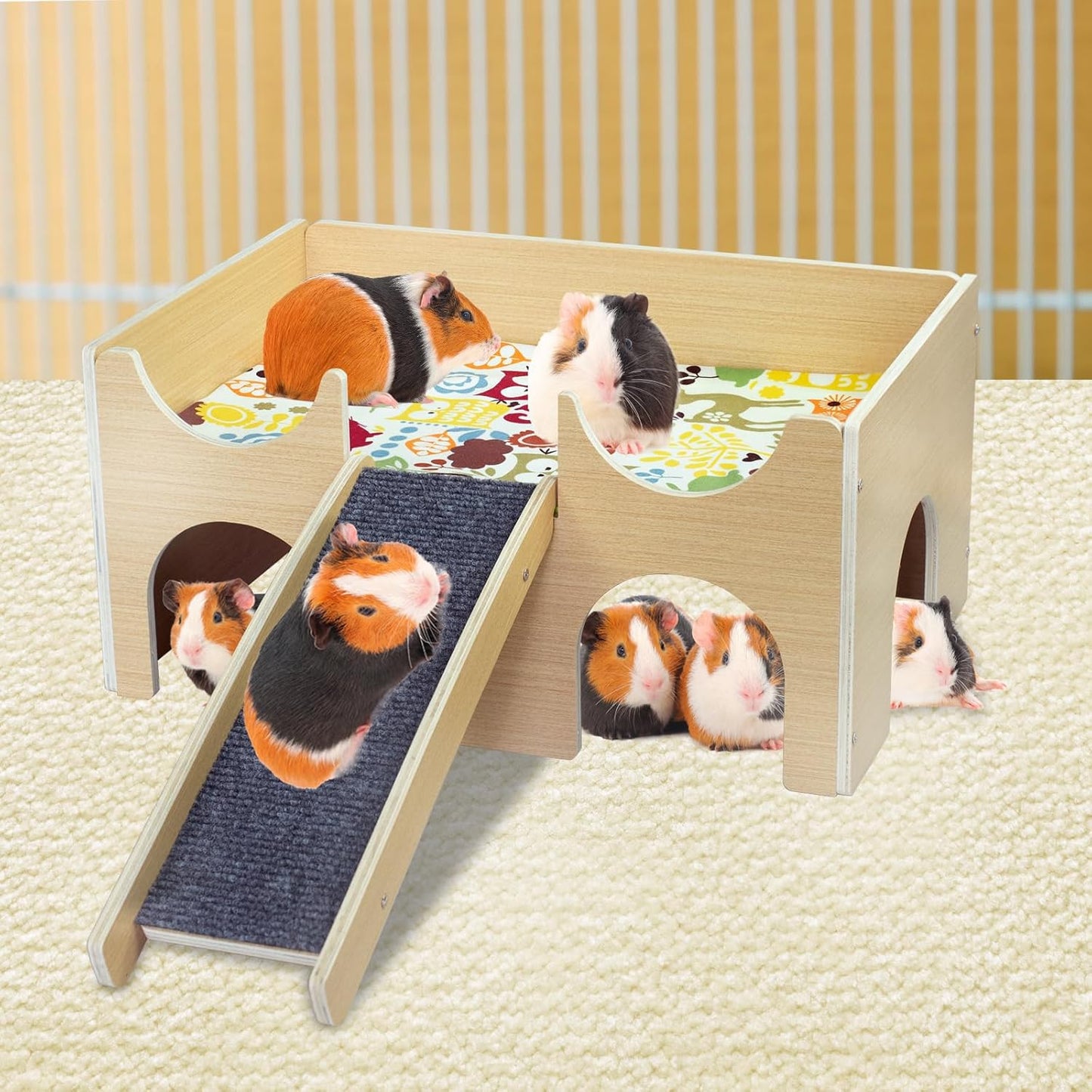 Large Guinea Pig Hideout, Sturdy Wooden Guinea Pig House, Small Animal Toys Accessories Bed Hut Habitats with Ramp and Mat, Easy to Install for Hamsters Bunny Rabbit Playing Hiding
