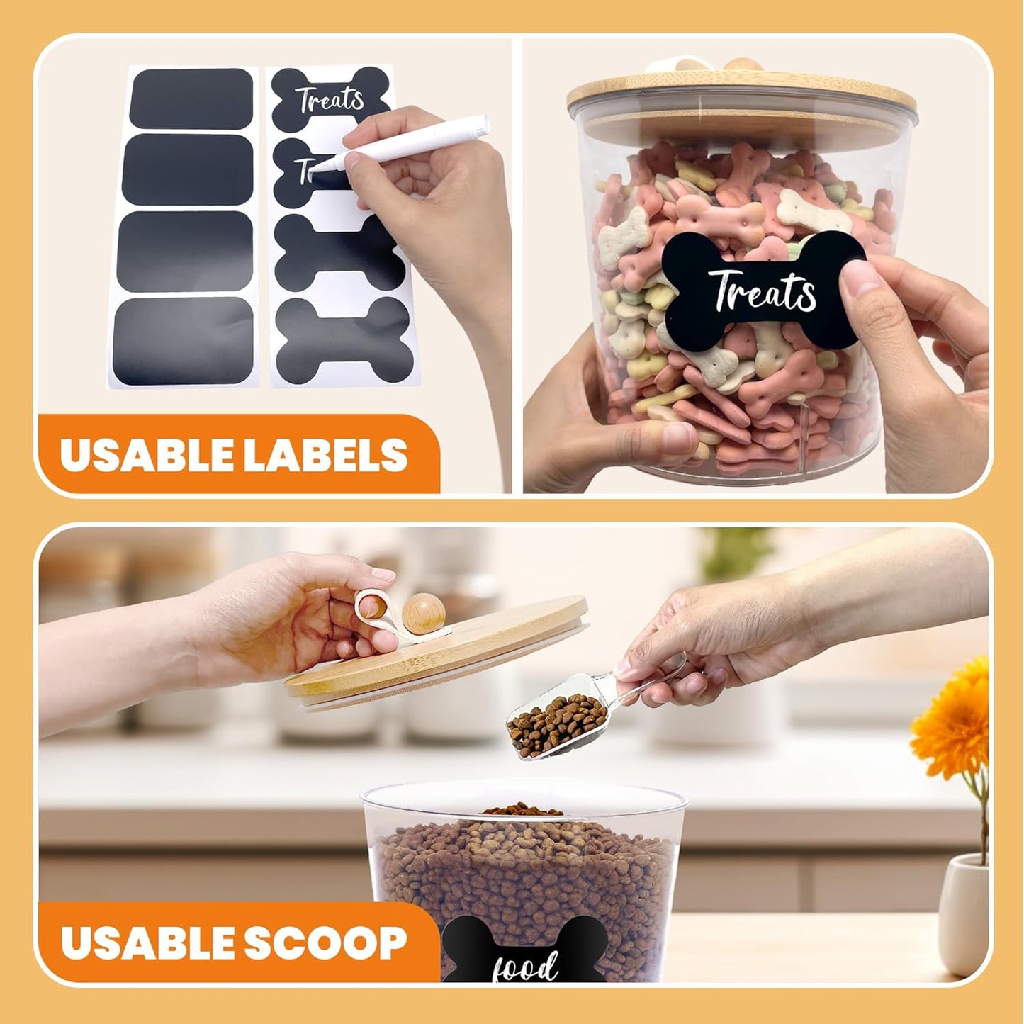 3 Pack Airtight Dog Food Storage Container, Dog Treat Container Dog Food Containers with Bamboo Lids 8x7''&6x5'',Pet Food Storage Container,Cat Food Container with Scoops,Clamp,Labels,Pen