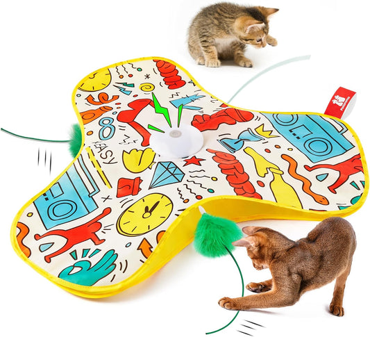 Potaroma Interactive Cat Feather Toys, Hide and Seek Concealed Moving Feather Wand, Rechargeable Touch Activated Indoor Kitten Exercise Kicker, Mouse Squeaky, Graffiti Cover