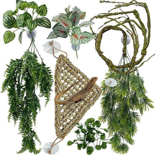 Reptile Plants for Bearded Dragon Tank Accessories, Terrarium Plant Artificial Decor for Snake Cage, Fake Plant for Leopard Gecko Habitat, Lizard Chameleon Ball Pythons (Group EN)