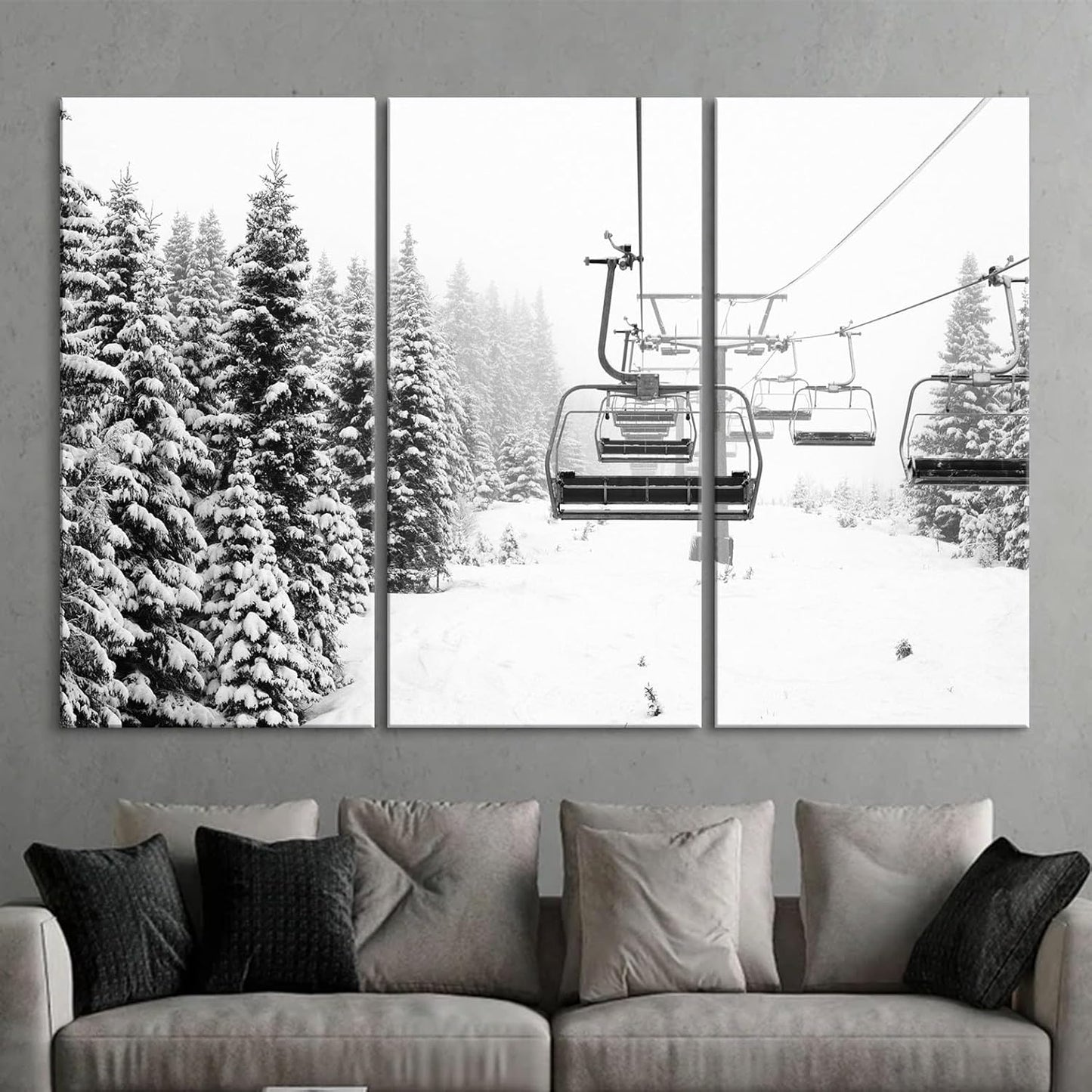 Nature Wall Art Prints - Ocean Forest Mountain Lake Canvas Landscapes - Small to Extra Large Living Room Bedroom Kitchen Bathroom Décor (Ski Lift on Snowy Mountain, 35L" x 53W" - 3 Panels)