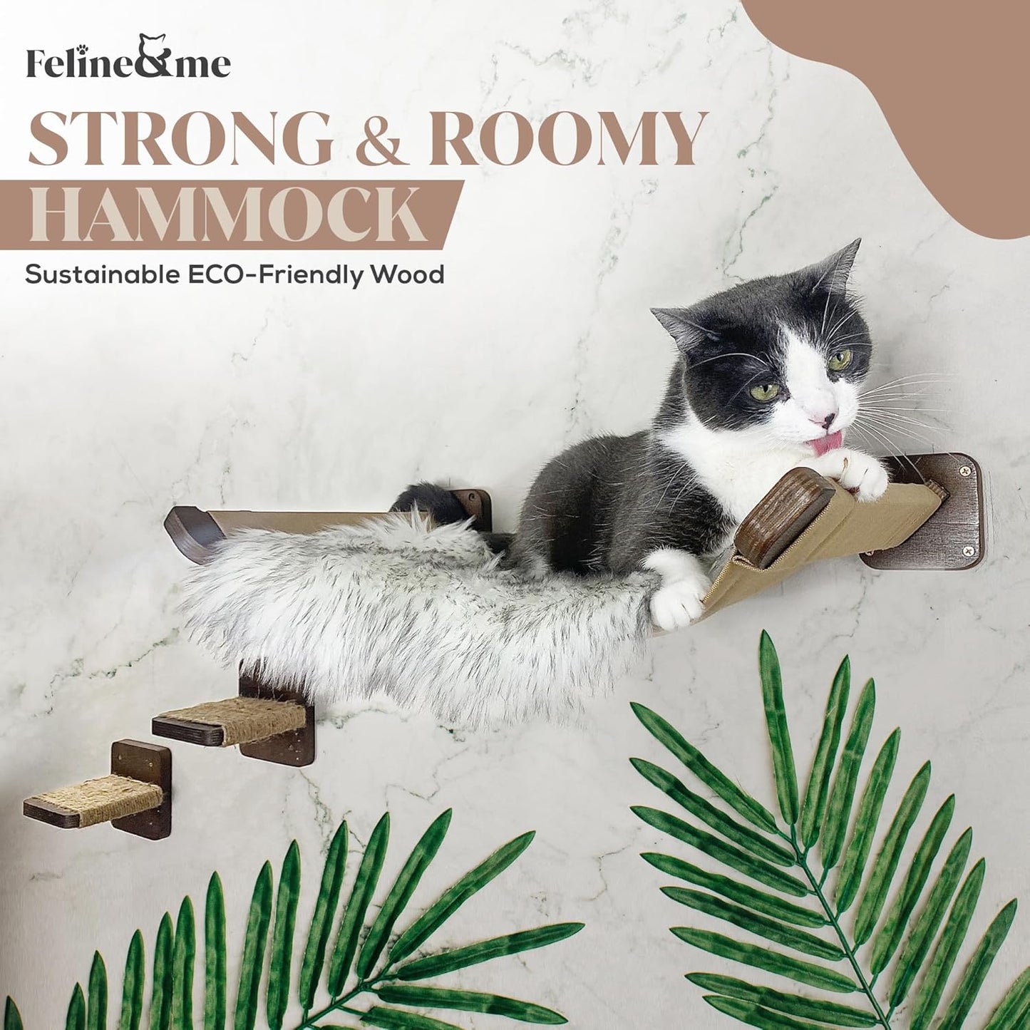 Multi-Level Cat Wall Hammock with Plush Cushion and Two Steps - Shelves Set with Perches for Playing, Climbing, and Sleeping - Wooden Cat Wall Bed