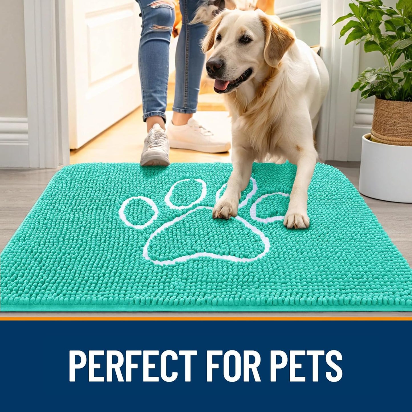OLANLY Door Mat for Muddy Dog Paws 48x30, Ultra Absorbent Chenille Mud Doormat with Paw Print Design, Non-Slip Washable Doormat for Indoor Entryway, Quick-Dry Pet Bed Mats for Dirty Dogs, Teal