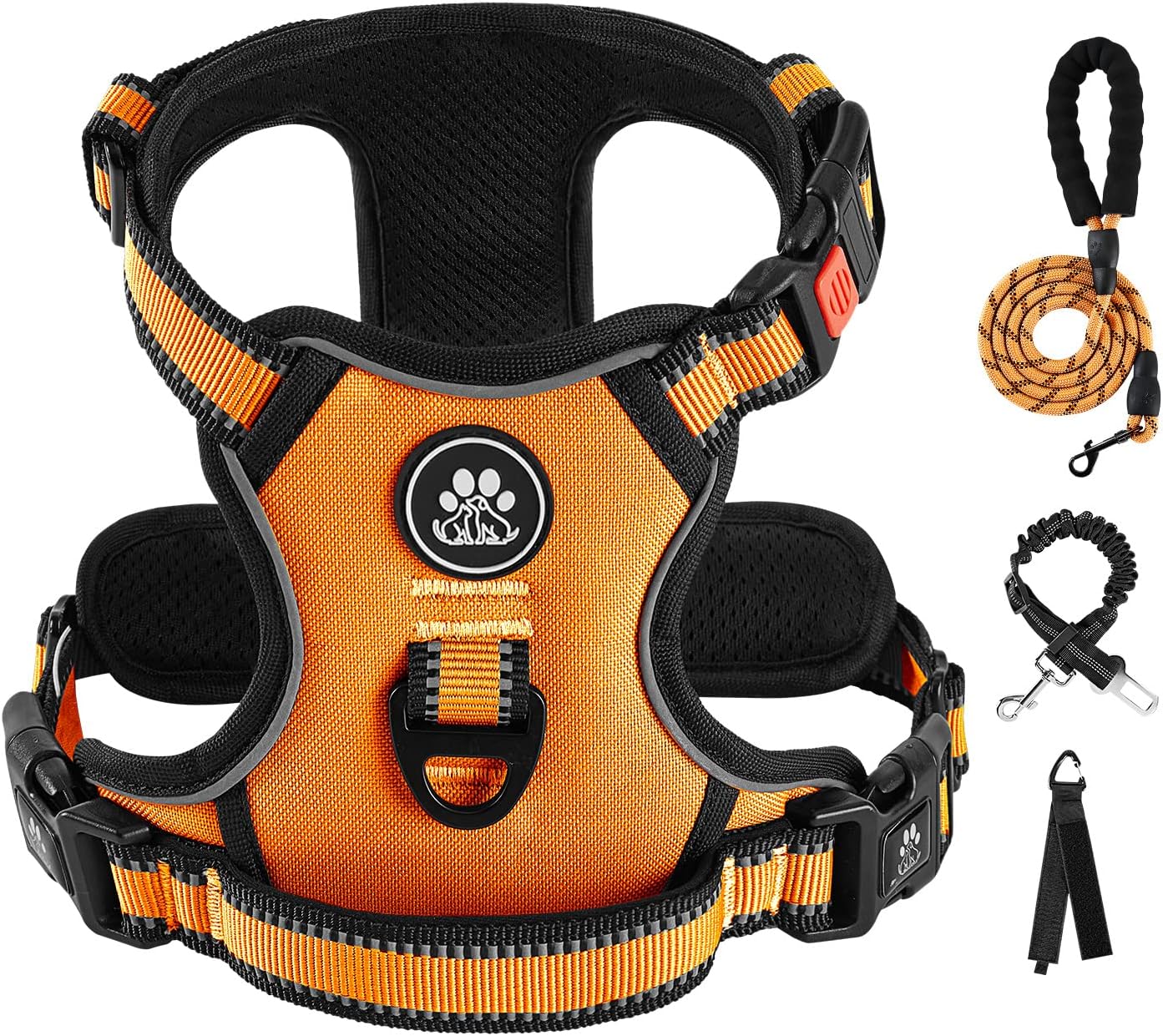 IVY&LANE No Pull Dog Harness for Small Dogs, Vest Harness with Leash, Safety Belt and Storage Strap, Fully Adjustable, 360° Reflective Strip, Soft Handle (Orange, S)