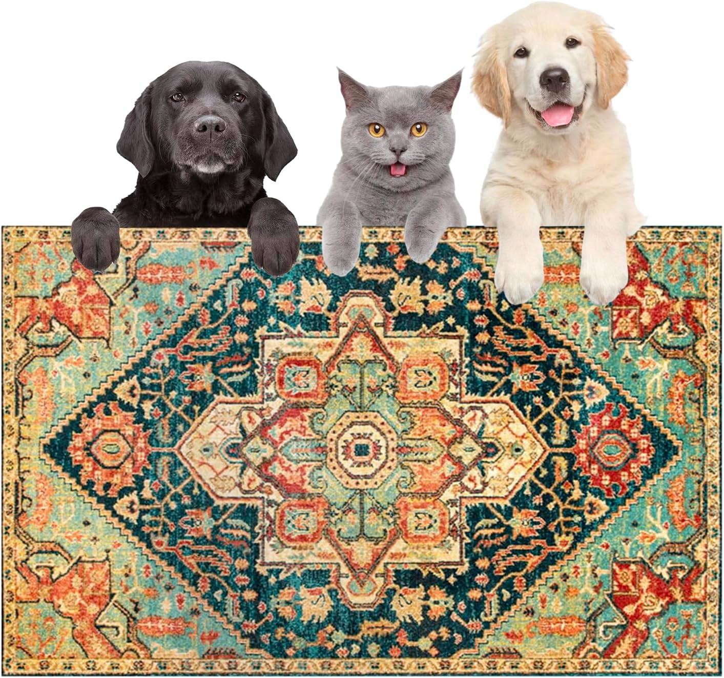 arge Boho Dog Cat Food Mats for Floors, Absorbent Dog Bowl Mat for Food and Water Dispenser Mat, Quick Dry Pet Supplies(Vintage Green, 36'' x 24'')