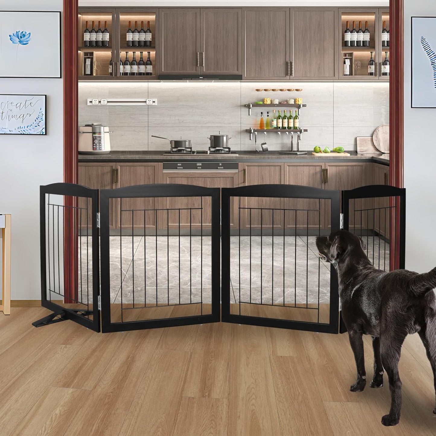 ZJSF Freestanding Dog Fence Indoor, Foldable Dog Gate for Doorways, Stairs or Hallways, Sturdy Wood Extra Wide Pet Gate with Support Feet for The House, Black, 24 "Height-4 Panels
