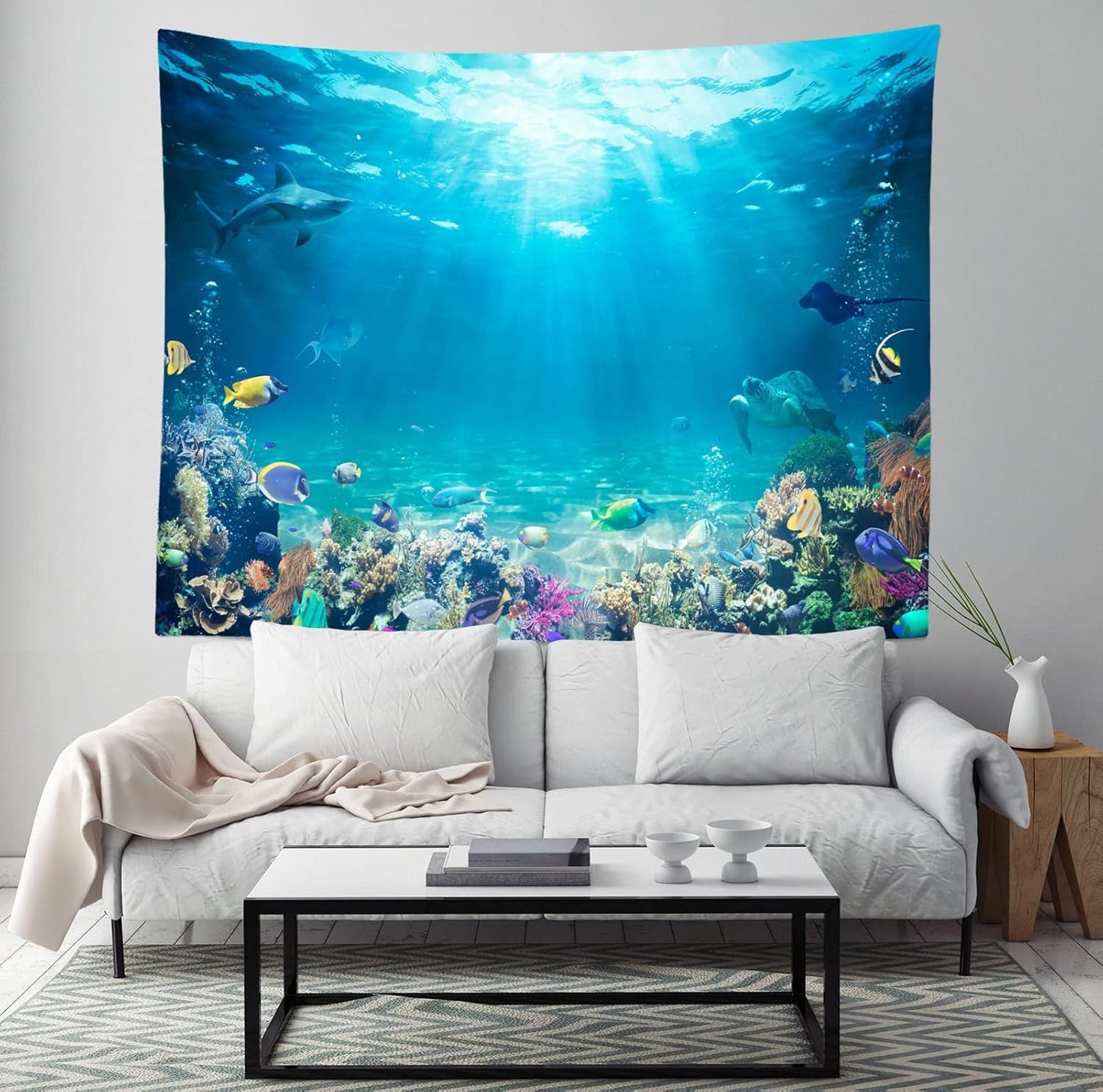 Loccor Underwater World Tapestry Blue Ocean Wall Hanging Under the Sea Coral Reef Wall Tapestry Tropical Fish Tank Undersea Tapestries Marine Wall Art for Bedroom Living Room Dorm Decor 60X40 Inches
