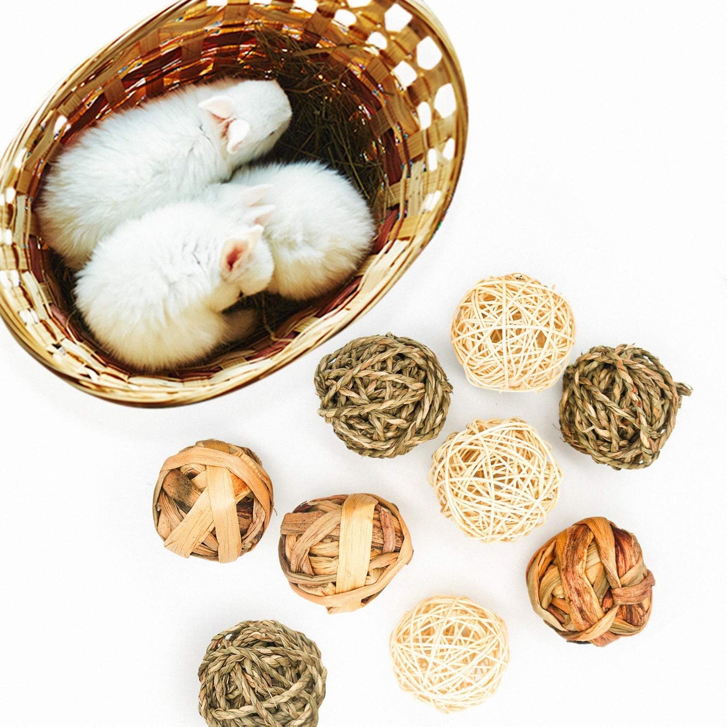9 Pcs Small Animals Play Balls Rolling Activity Chew Toys Gnawing Treats for Rabbits Guinea Pigs Chinchilla Bunny Natural Balls, Pet Cage Entertainment Accessories (9 Pcs)