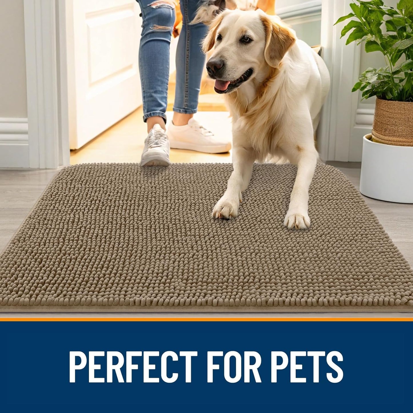 OLANLY Dog Door Mat for Muddy Paws 47x17, Absorbs Moisture and Dirt, Absorbent Non-Slip Washable Doormat, Quick Dry Chenille Mud Mat for Dogs, Entry Indoor Entryway Carpet for Inside Floor, Tan