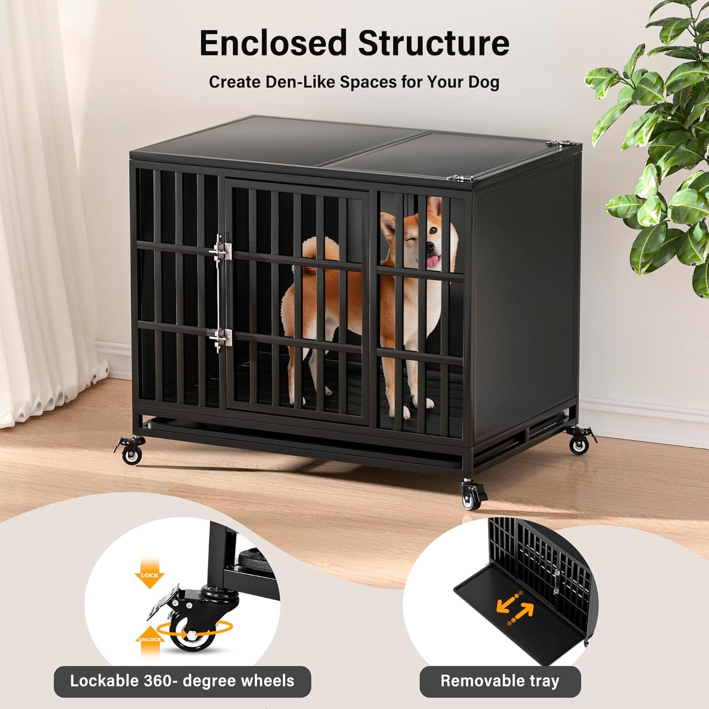 38 inch Heavy Duty Dog Crate with Self-Locking Latch, Indestructible Steel Large Kennel with Enclosed Design, Chew-Proof and Escape-Proof Pet Cage for High Anxiety Dogs