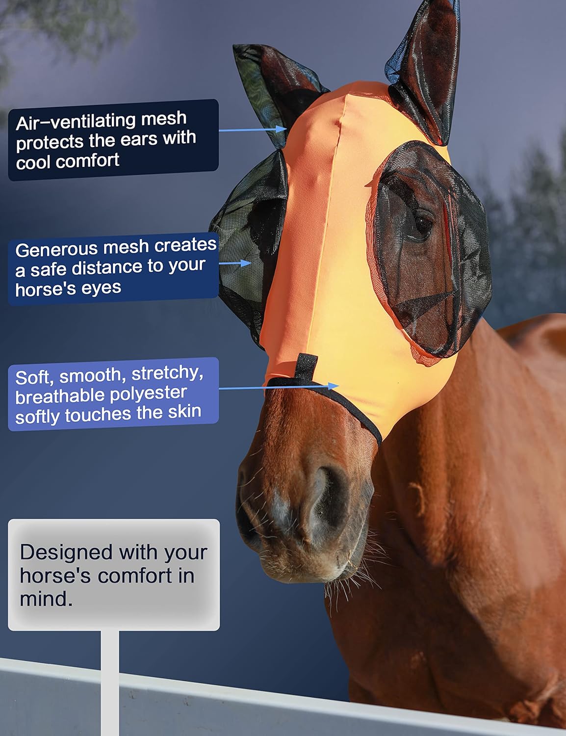 Horse Fly Mask with Ears, UV Protection Mask for Horses, Elasticity Mask with Big Mesh Eye Covers, Snug Fitting Comfortable Breathable Lightweight Red Orange Full Size