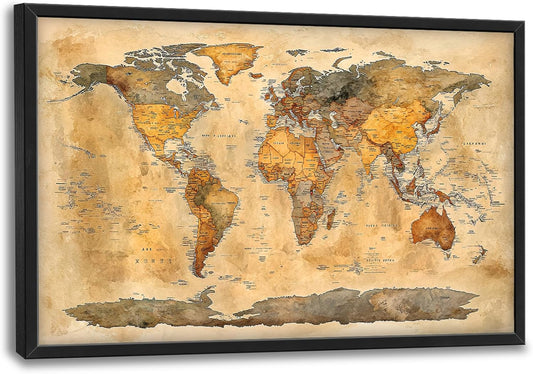 Extra Large World Map Framed Wall Art for Living Room,Oversized Vintage Map of The World Pictures Wall Decor,Canvas Print Painting Modern Artwork Bedroom Office Bathroom 36L" x 24W"
