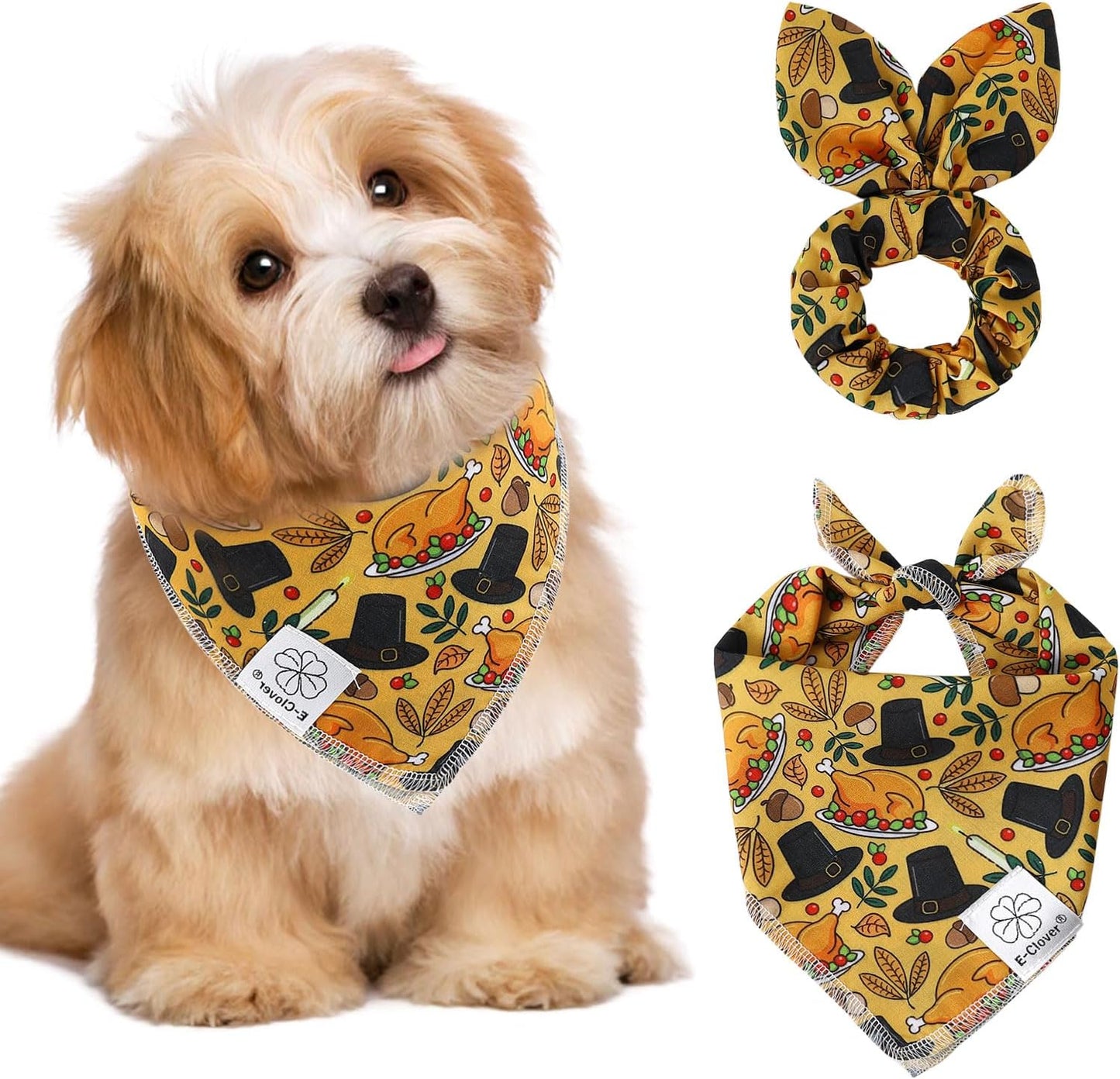 E-Clover Thanksgiving Dog Bandanas & Matching Scrunchie Set Girl Fall Turkey Dog Scarf Bibs Pet Bandana with Bow Tie for Small Dogs Puppy Owner Mom Brown