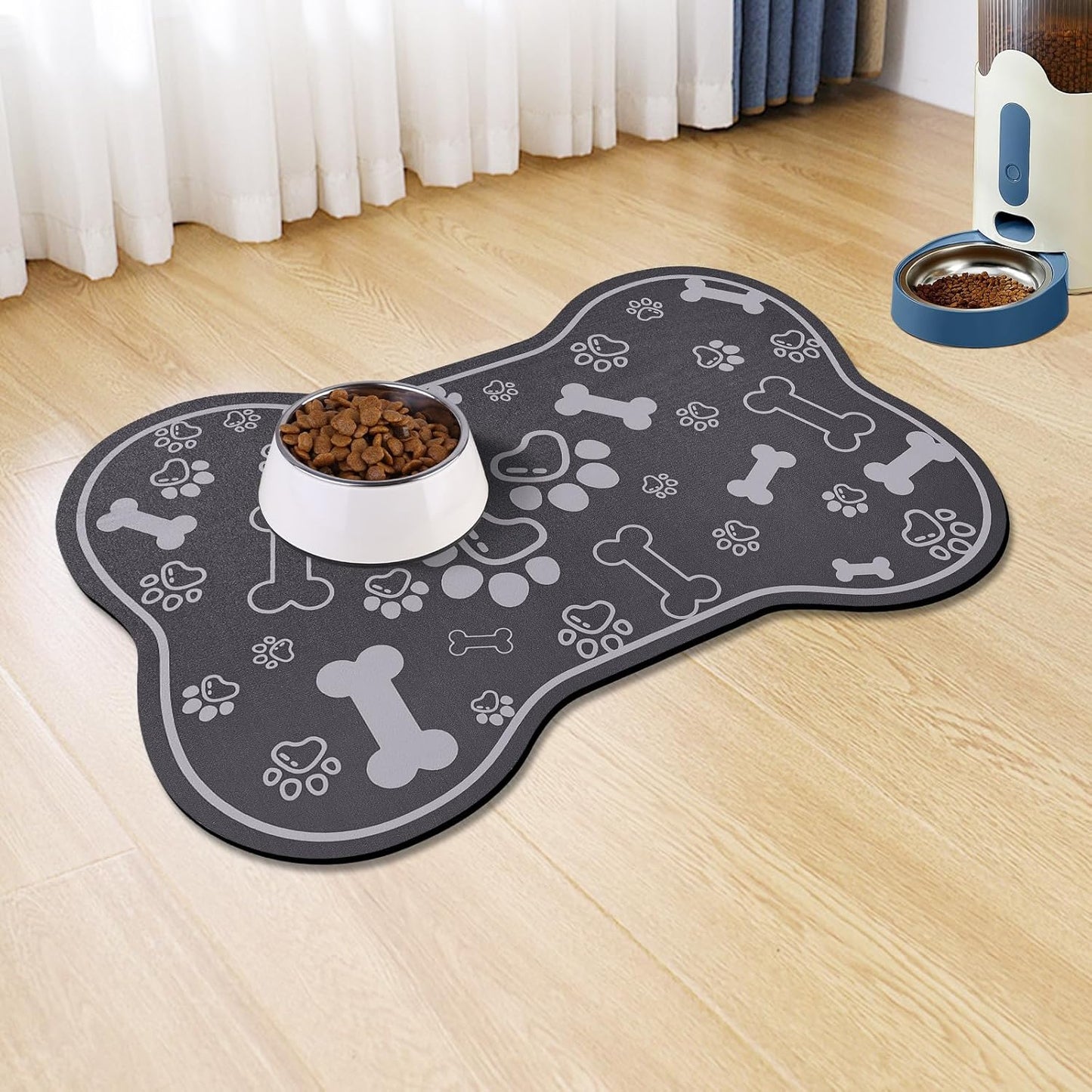 Dog Cat Food Mat,Rapid Absorbent Pet Feeding Mat, Bone Shaped Dog Placemat Water Bowl Mat with Rubber Backing,No Stains Dog Cat Food Mats Indoor, Pet Accessories Supplies 16"×24" Dark Grey