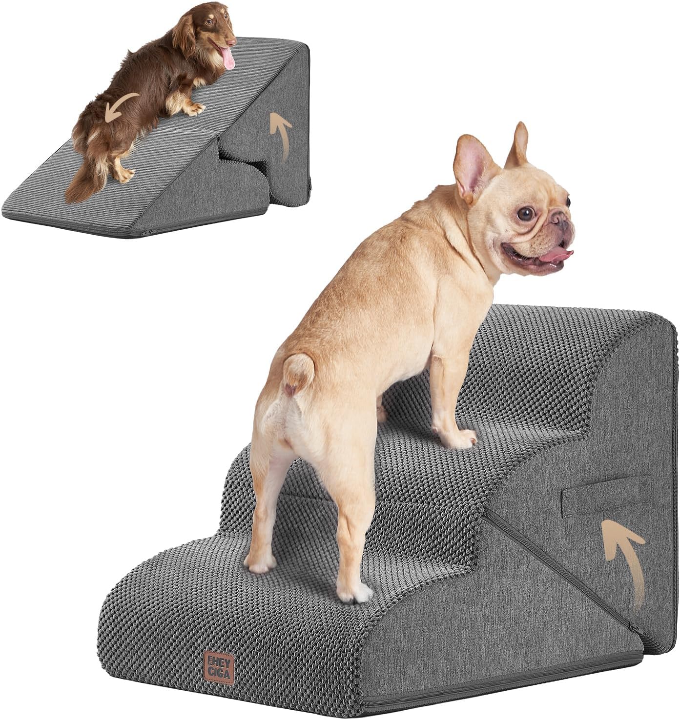 EHEYCIGA Curved Foldable Dog Stairs Ramp for Small Dogs 16" H, 3-Step Dog Steps for Couch Sofa and Chair, Pet Stairs for Cats, Non-Slip Balanced Pet Steps Indoor, Grey