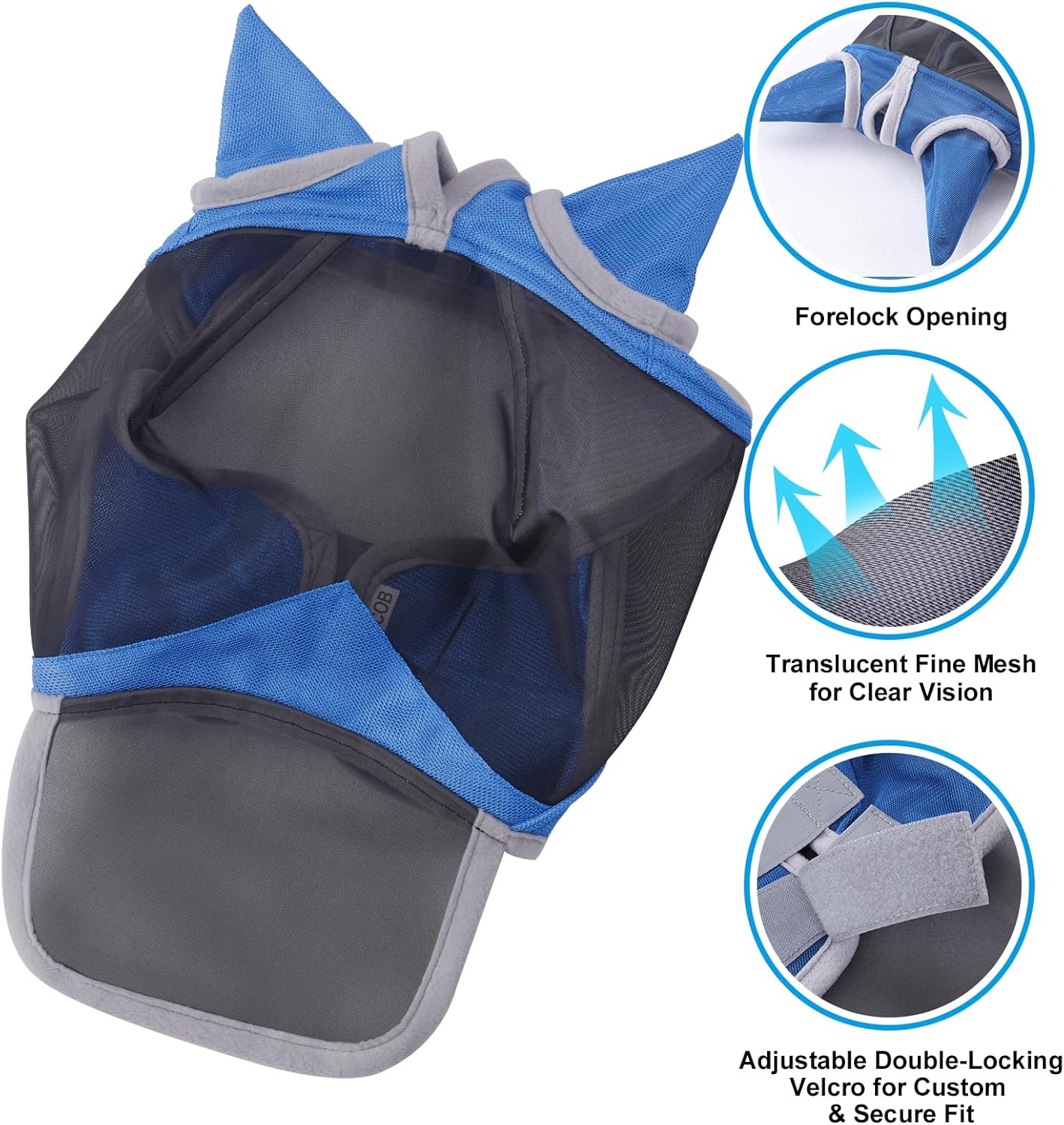 Horse Fly Mask with Ears & Long Nose Cover | Forelock Opening for Tangle-Free Mane Care | UV Protection & Breathable Mesh | No Rub Fit and Enhanced Visbility for Trail Riding RoyalBlue Pony