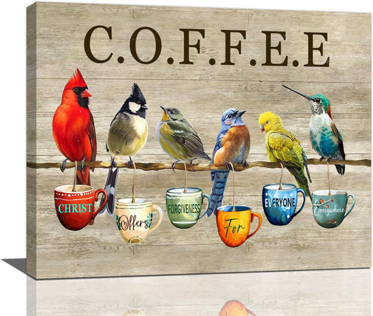 Rustic Bird Coffee Wall Art Kitchen Christ Coffee Pictures Wall Decor Farmhouse Cardinal Hummingbird Canvas Print Painting Artwork for Coffee Bar Living Room Bedroom 16"x20"