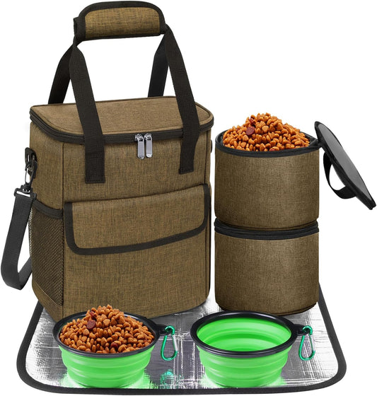 Dog Travel Bag for Camping - Pet Travel Accessories with 2 Collapsible Bowls, 2 Food Containers & Waterproof Feeding Mat - Portable Dog Carrier, Coffee (Small)