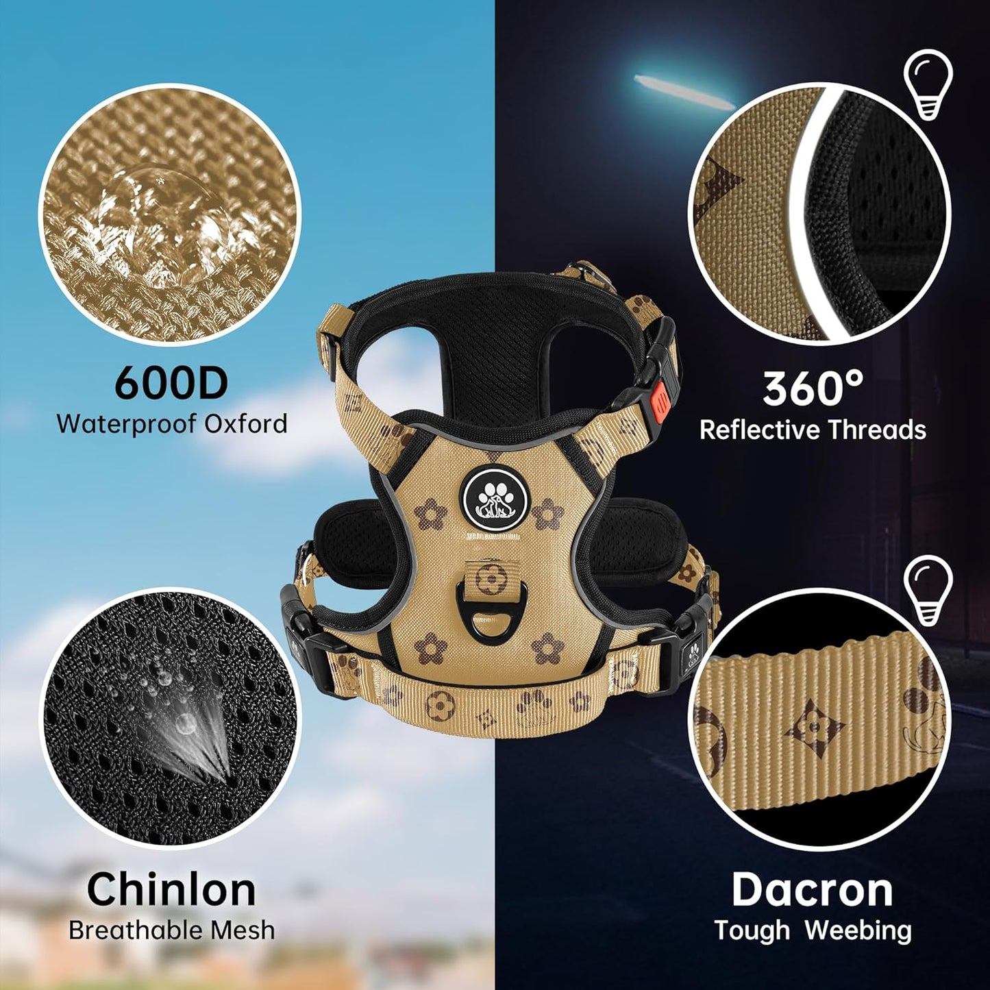 NESTROAD No Pull Dog Harness,Adjustable Oxford Dog Vest Harness with Leash,Reflective No-Choke Pet Harness with Easy Control Soft Handle for Large Dogs(X-Large,Light Brown)