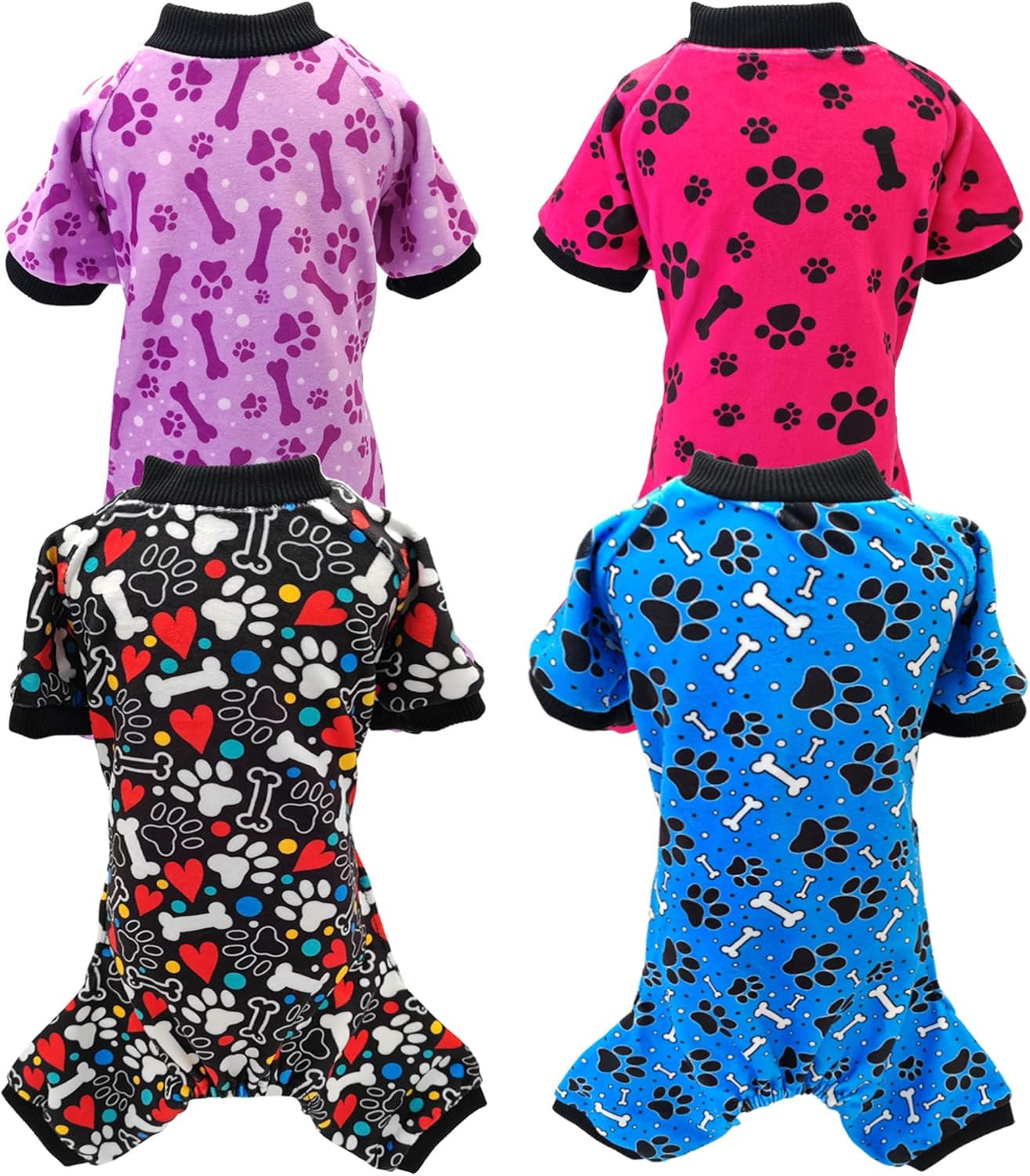 PET SHOW 4 Pack Small Dog Pajamas Paw Bone Patterns Cute Clothes for Medium Dogs Soft Fleece Stretchy PJs 4 Legged Jumpsuit Puppy Cats Onesies Outfits with Sleeve Dachshund Doggies Girl Boy (X-Small)