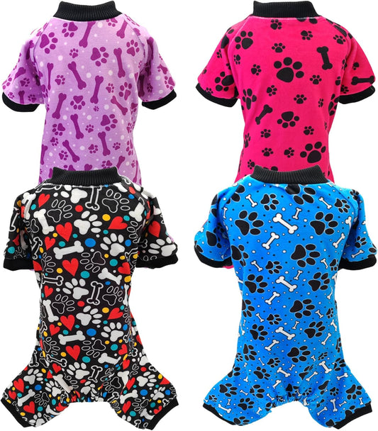 PET SHOW 4 Pack Small Dog Pajamas Paw Bone Patterns Cute Clothes for Medium Dogs Soft Fleece Stretchy PJs 4 Legged Jumpsuit Puppy Cats Onesies Outfits with Sleeve Dachshund Doggies Girl Boy (Medium)