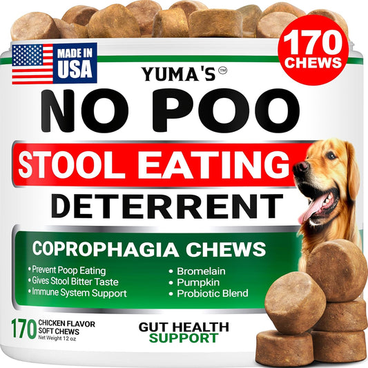 YUMA'S No Poo Chews for Dogs - 170 Count - Coprophagia No Poop Eating Deterrent for Dogs - Stop Eating Poop for Canine - Gut Health - Probiotics & Digestive Enzymes Supplement - Made in USA